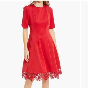 Donna Ricco Crew Neck Short Sleeve Crochet Trim Flare Dress, Size 12